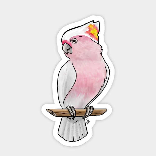 Bird - Pink Cockatoo - Crest Down Sticker by Jen's Dogs Custom Gifts and Designs